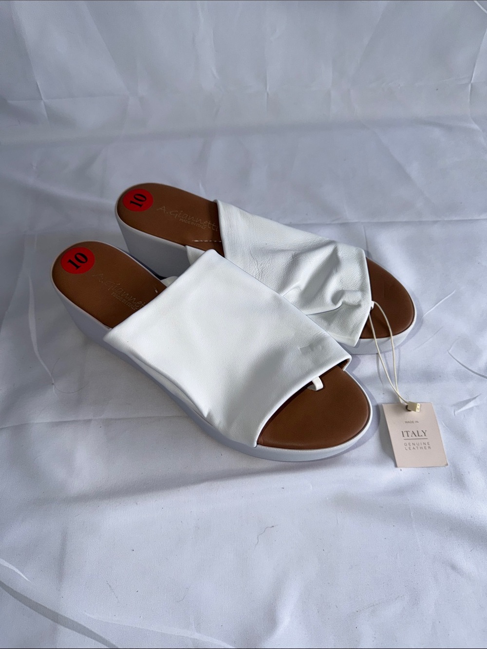 A. Giannetti White Leather Platform Wedge Slide Sandals 10 Like New